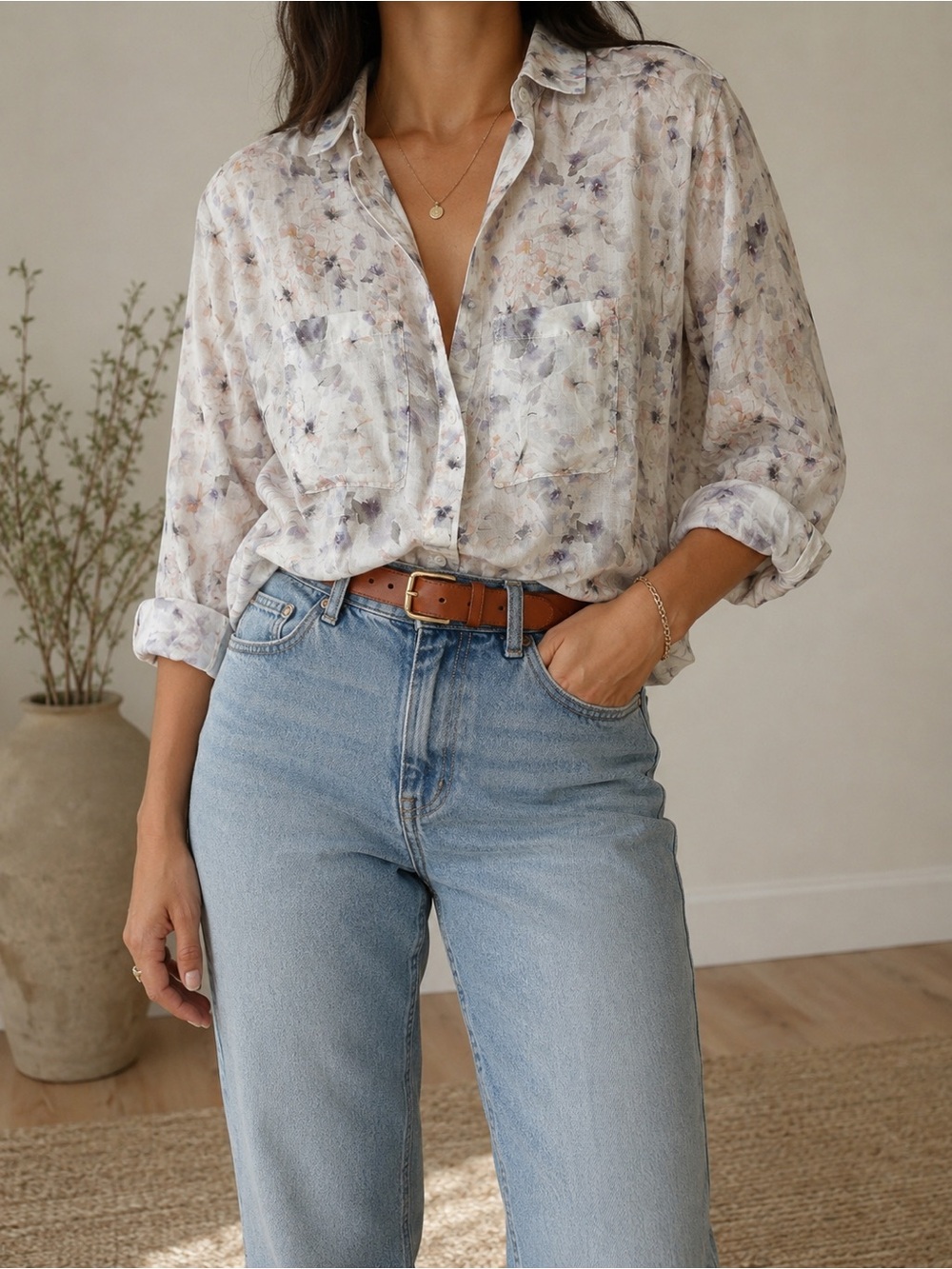 Cloth & Stone Floral Watercolor Long Sleeve Semi Sheer Button Up Shirt Sz Medium